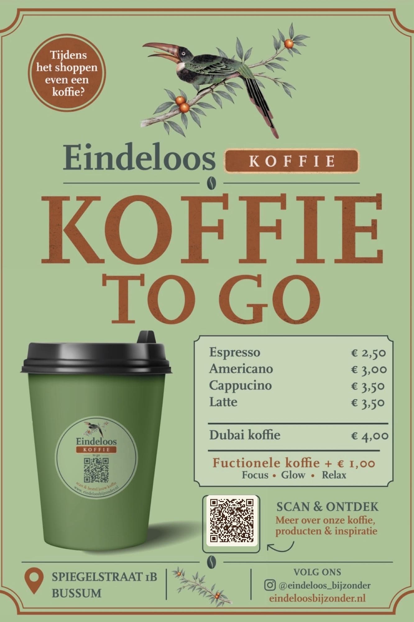 Menuposter Eindeloos Koffie To Go met prijzen en QR-code naar de koffiebestelling